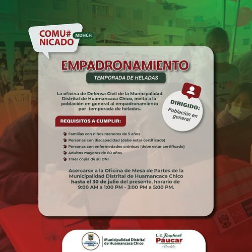 Banner de empadronamiento por temporada de heladas, con requisitos y horarios de atención en la municipalidad.