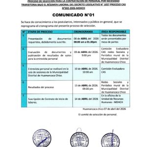 🗓️ ¡AVISO IMPORTANTE! Reprogramación del Cronograma: Convocatoria CAS N° 002-2026 MDHCH 🔄✨